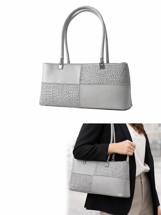 Handbags - Gray Croc Embossed Structured Shoulder Bag Elegant Sturdy Faux Leather Handbag